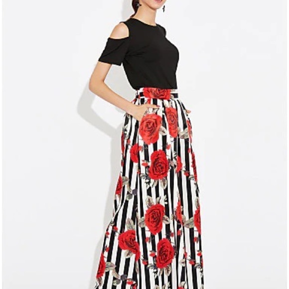 WOMEN’S 2 pcCold Shoulder Top Rose Print Maxi Skirt Pockets Medium - Picture 2 of 13